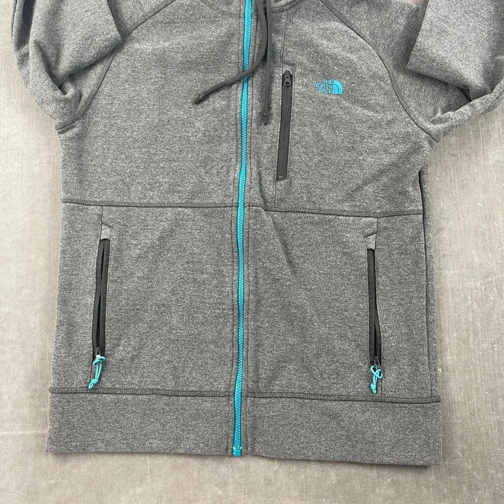 The North Face Mens Medium Grey Teal Full Zip Hoodie Fleece Lined Jacket